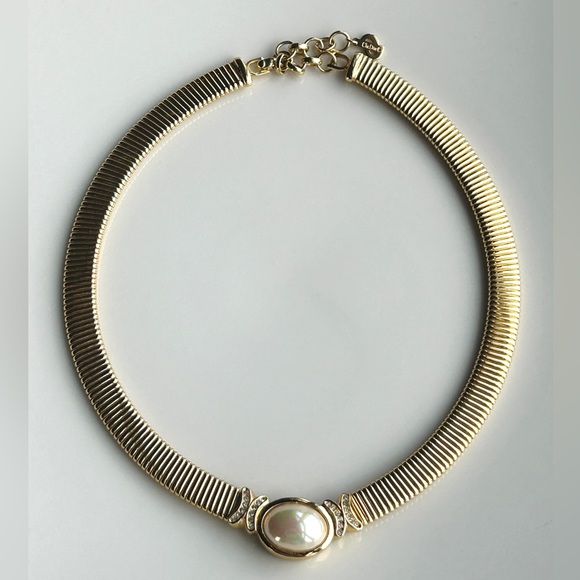 Christian Dior Vintage 1980s Omega Flex Collar Necklace Pearl Crystals Choker - Picture 2 of 10